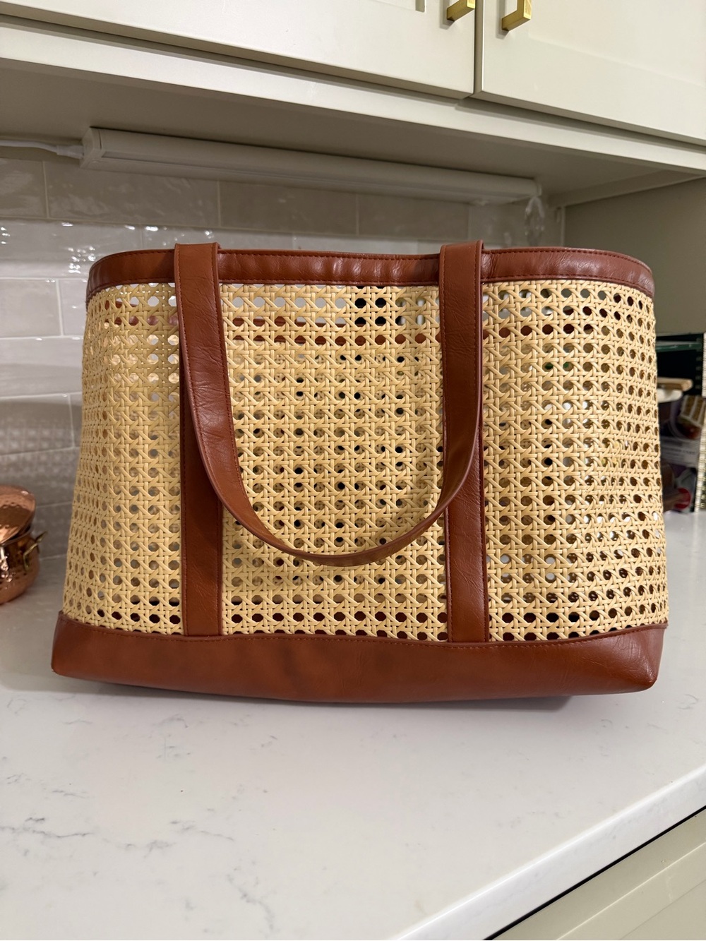 Woven Rattan Look Tote with Faux Brown Leather Trim